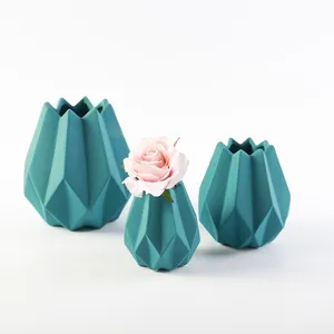 Nordic geometry carved design modern plant vases matte bule morandi ceramic flower vase