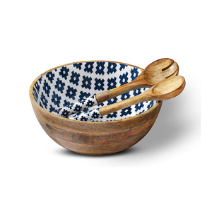 Cuenco de madera con 2 cucharas para servir ensaladas y postres y almacenamiento de frutas Cuenco decorativo para el hogar Hotel Restaurante - Product Image 1