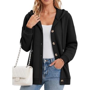 FOXA Sudadera con capucha para mujer, chaqueta de lana con botones en la parte delantera y bolsillos, sudadera cómoda con capucha, tallas S-3XL - Product Image 2