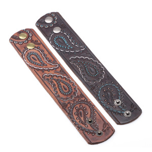 European American Style Men's <b>Leather</b> Cuff <b>Bracelet</b> Wide Embossed Punk Hip Hop Jewelry Antique Brown Geometric Design - Product Image 2