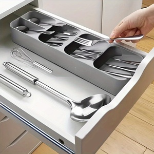 Plateau à <span class=keywords><strong>couverts</strong></span> pliable pour tiroir de cuisine, organisateur fonctionnel pour le rangement des couteaux, fourchettes et cuillères, boîte de rangement en plastique PP pour utilisation sur table - Product Image 1