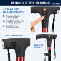 Canne de marche pliable en alliage d'aluminium noir, intelligente, avec lumière LED Bluetooth, alarme, radio FM, base stable, légère, bâton réglable 250