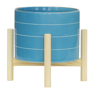 Pot en céramique avec support en bois, couleur bleue, pour intérieur et extérieur - Product Image 2