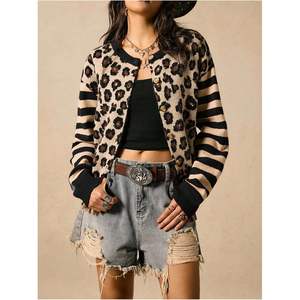 Cárdigan de Mujer Personalizado con Estampado de Leopardo, Estilo Y2K, Rayas, Botones, Manga Larga, Cuello Redondo, Bloques de Color, Top Moderno - Product Image 3