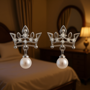 Pendientes con forma de corona de oro rosa con perla sintética blanca, joyería clásica de boda chapada en rodio y plata 925 de grado AAA para mujer - Product Image 2