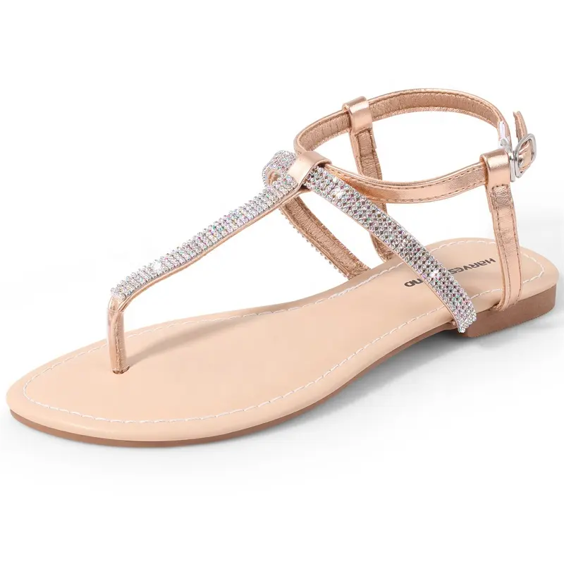 Womens T Strap Sandals Fashion Rhinestone Flat Sandal with Ankle Strap for Ladies Summers Dress Sandals Casual Woman Flip Flops