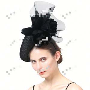 Nouveau chapeau fascinateur en sinamay exagéré avec plumes, accessoires de cheveux de mariée, chapeau haut en maille et gaze - Product Image 5