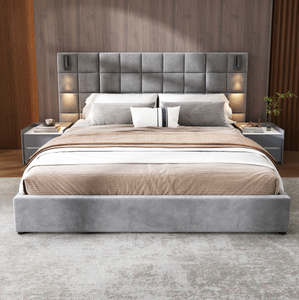 เตียงคิงไซส์ทรงกลมทันสมัย OE HOME หุ้มผ้าสีเทาแบบ Tufted พร้อมโคมไฟอ่านหนังสือปรับได้ พอร์ต USB ดีไซน์อัจฉริยะ นุ่มสบาย เป็นมิตรกับสิ่งแวดล้อม - Product Image 2