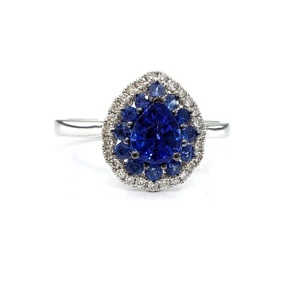Bijoux fins brillants de haute qualité en or blanc massif 18 carats avec diamant véritable et saphir bleu naturel, classiques pour mariage et fiançailles - Product Image 1