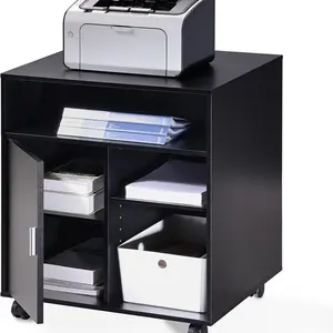 Printer meja kayu hitam kantor, penyimpanan di bawah meja, Kabinet pengisian ponsel, 3 terbuka 2 penyimpanan tertutup untuk rumah kantor
