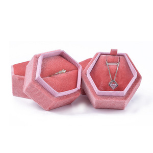 Customized Logo Jewelry Box Wedding Vintage Luxury Hexagon Velvet Double Ring Box Packaging