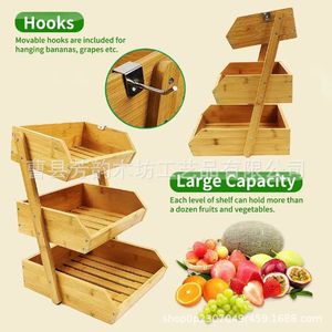 Cesta de frutas de madera maciza de tres niveles con ganchos para almacenamiento en la cocina, ecológica, de forma rectangular - Product Image 1