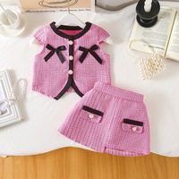 Conjunto Casual de Verano para Niña, Estilo Algodón con Aroma Suave, Color Rosa Sólido, Chaleco con Lazo y Pantalones Cortos Decorados con Perlas