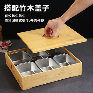 Bamboo Eight Compartment Tray With Stainless Steel Inserts For Hot Pot Serving And Food Presentation - Product Image 2