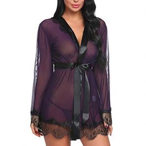 SFY3048 Venta Directa de Fábrica, Bata de Encaje Color Vino Tinto de Alta Calidad, Ropa de Dormir para Mujer, Talla Grande, Cintura Elástica, Verano, Sexy, Transparente - Product Image 5