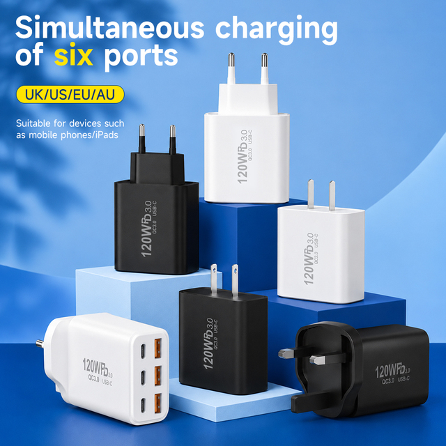 120W PD3.0 Phone Charger UK/EU/US/AU Plug Type-C USB 6 Ports Fast Charging Chargeur for iPhone Samsung Xiaomi USB Wall Adapter