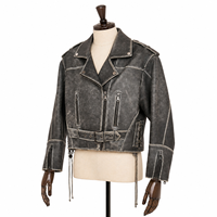 Blouson court pour femme en peau de mouton écologique, style motard, couleur anthracite, effet délavé et vieilli, avec fermeture éclair asymétrique et lacets latéraux, personnalisable