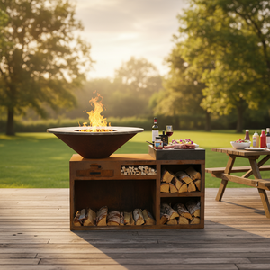 Barbecue d'extérieur en acier Corten avec brasero, <span class=keywords><strong>table</strong></span> de cuisson, foyer et <span class=keywords><strong>plancha</strong></span> - Product Image 3