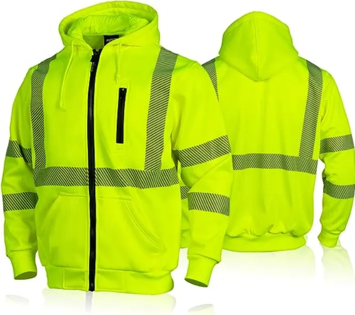 Hoodie keselamatan reflektif Hi Vis kustom Hoodie bulu domba ritsleting depan kaus luar ruangan kelas 3 visibilitas tinggi