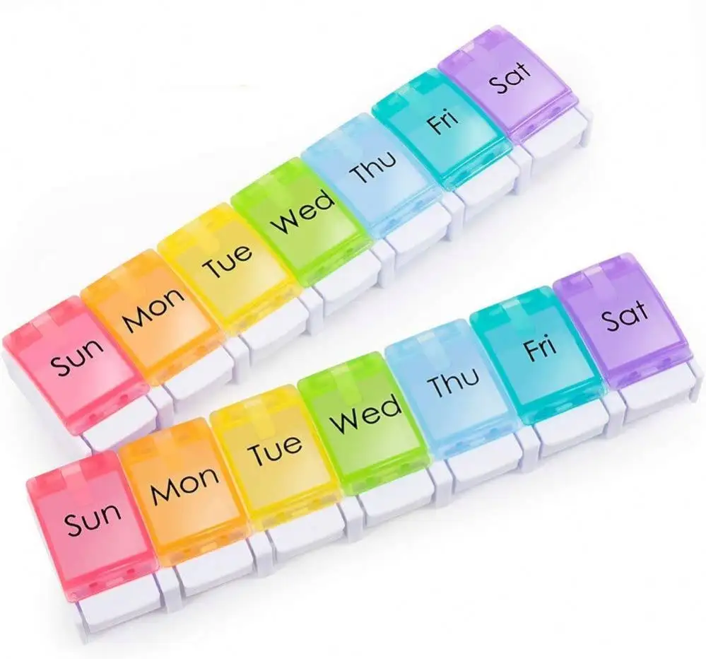 Custom Logo Eco-Friendly Plastic Storage Weekly Pill Box 7 Day Organizer with Spring Open Design and Large Compartment
