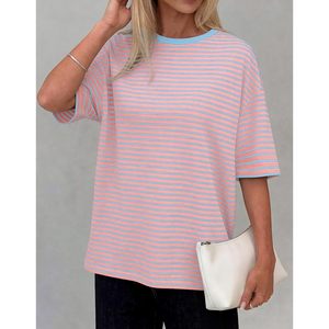 T-shirt rayé à manches courtes et col rond pour femme, haut d'été en coton tricoté surdimensionné, tenue décontractée - Product Image 5