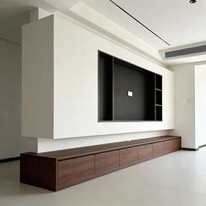 Meuble <span class=keywords><strong>TV</strong></span> mural moderne minimaliste en bois de noyer et MDF blanc <span class=keywords><strong>avec</strong></span> tiroirs, étagères ouvertes et <span class=keywords><strong>niche</strong></span> <span class=keywords><strong>TV</strong></span> pour salon - Product Image 3