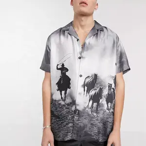 カスタムマンプリントハワイアンボタンアップビーチシャツサテンブラウスプリントシャツプリント半袖メンズカジュアルシャツ