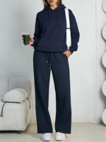 Ensemble décontracté pour femme : pull à capuche en maille torsadée style français et pantalon de survêtement respirant à jambes larges avec cordon de serrage élastique