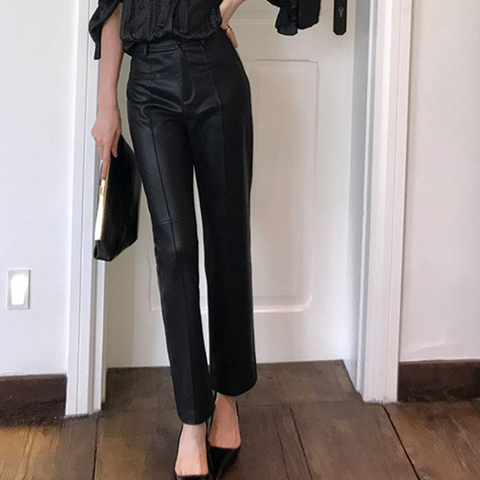 5610 Mid-rise Vertical Stripe Casual Slim Fitting Straight Leg Ankle Length Women Sheepskin Leather Pants for Women