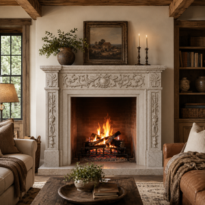 Chimenea tradicional de mármol con tallado ornamentado, de mármol travertino beige, para interiores, con estufa de leña para comedor. - Product Image 1