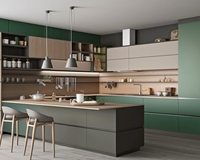 Meuble de cuisine sur mesure de style moderne en bois coloré avec îlot pour toute la maison