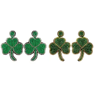 Fashion Jewelry Stainless Steel Green Leaf Dangle Earrings Seed Bead Clover Stud Earrings Women