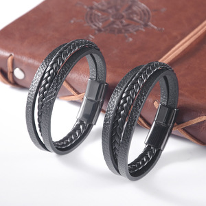 Men's Woven <b>Leather</b> <b>Bracelet</b> Stainless Steel Magnetic Clasp Everyday Wear 7.5in 8.5in 9in Retro Style Jewelry - Product Image 1