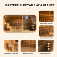 Sauna extérieur en capsule PLOUTARA avec façade panoramique en verre, cabane en bois, bancs à niveaux et éclairage LED d'ambiance pour projets de centres de bien-être