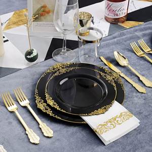 Ensemble de vaisselle jetable élégant et robuste en plastique or, vert, noir, violet, blanc pour mariages, traiteurs et événements - Product Image 2