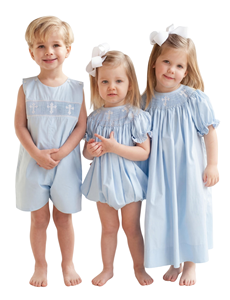 Ensemble <span class=keywords><strong>de</strong></span> vêtements smockés bleu clair pour enfants avec broderie croisée, <span class=keywords><strong>tenue</strong></span> <span class=keywords><strong>de</strong></span> baptême pour garçons et filles, fabriqué à Guangzhou - Product Image 1