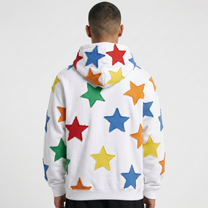 Men's White Pullover Hoodie with Multicolor Chenille <b>Star</b> Patches - Streetwear Fleece Hooded Sweatshirt with Kangaroo Pocket - Product Image 3