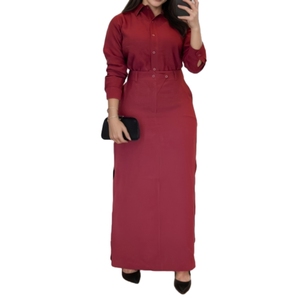 Women's Solid Color Business Casual Long-Sleeve Shirt & Collared Midi <b>Skirt</b> Two-Piece Set Fashion - Product Image 1