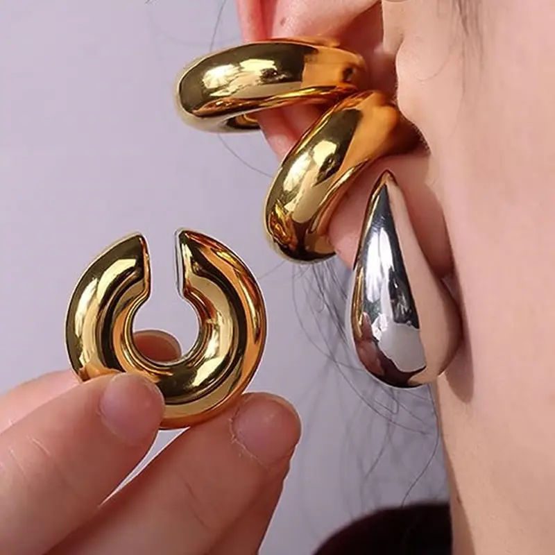 2024 nueva llegada joyería de moda 18K PVD oro Acero inoxidable gordito redondo grande oreja brazalete clips para mujer pendientes llamativos
