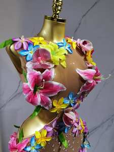 フラワーホローメッシュパフォーマンスドレス女性用ロングボールルームパーティーダンスコスチュームフィットネスショーケースレディースフィットネスウェア - Product Image 4