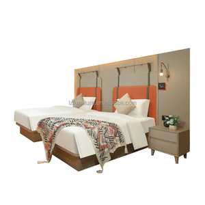 Budget Hotel Supplier Custom 3 Star Hotel Twin Bedroom Furniture Set 2 <b>Single</b> Wood <b>Base</b> <b>Beds</b> Frame with Headboard & Nightstand - Product Image 4