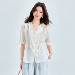 Camicetta da donna <span class=keywords><strong>bianca</strong></span> a maniche corte con scollo a V, nuovo design 2026, stile western con lacci, versatile. - Product Image 5