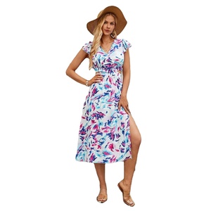 Personalizzato nuova stagione viola stampa floreale elegante bella stampa tutta su stampa croce elastico ritagliato in vita da donna - Product Image 1