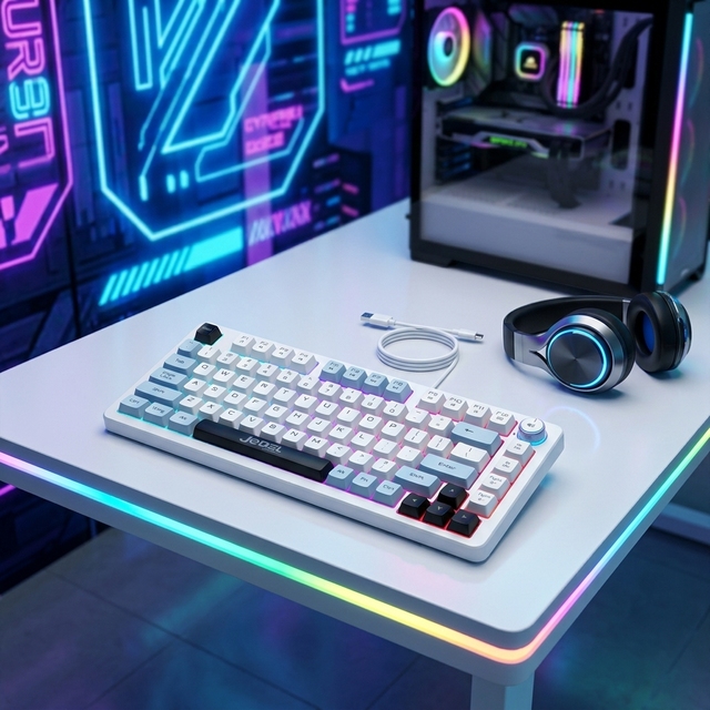JEDEL 81 Keys Wired USB Type-C Gaming Keyboard LED Rainbow Backlit Color Matching Keycaps with Volume Knob Ergonomic Keyboard