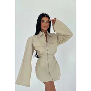 Vestido con Cuello Camisero y Estampado Floral Crema para Mujer, Casual a Formal, Impresión Personalizada, Translúcido, Talla Única, Talla XS - Product Image 2