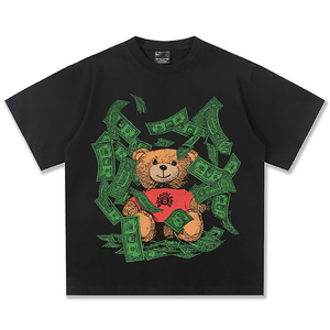 Camiseta de manga corta para <span class=keywords><strong>hombre</strong></span>, estilo vintage americano, lavada, de peso pesado, con estampado directo, diseño de oso de peluche transfronterizo - Product Image 4