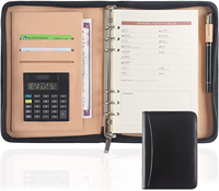 Porte-documents exécutif en cuir PU avec fermeture éclair et logo personnalisé, format A5, classeur à 6 anneaux avec calculatrice intégrée