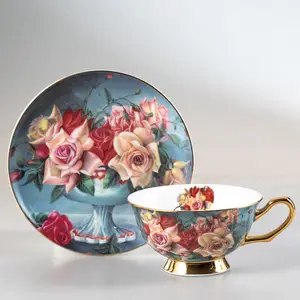 Yüksek zarif kemik çini kahve fincan ve çay tabağı avrupa çiçek seramik porselen çay bardağı set