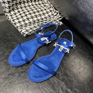 Sandali estivi <span class=keywords><strong>blu</strong></span> piatti da <span class=keywords><strong>donna</strong></span> semplici ed eleganti dal Design aperto con <span class=keywords><strong>pantofole</strong></span> Casual con un cinturino - Product Image 4