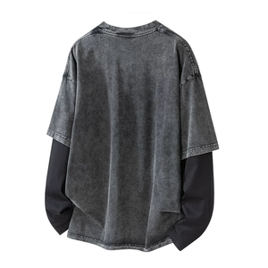 T-shirt décontracté surdimensionné pour homme de haute qualité, style vintage délavé à l'acide, manches contrastantes, faux deux pièces, manches longues, vente en gros - Product Image 2